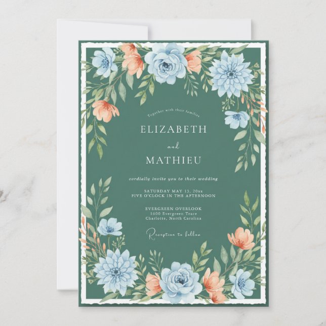Convites Casamento Artístico Floral em Verde Água (Frente)