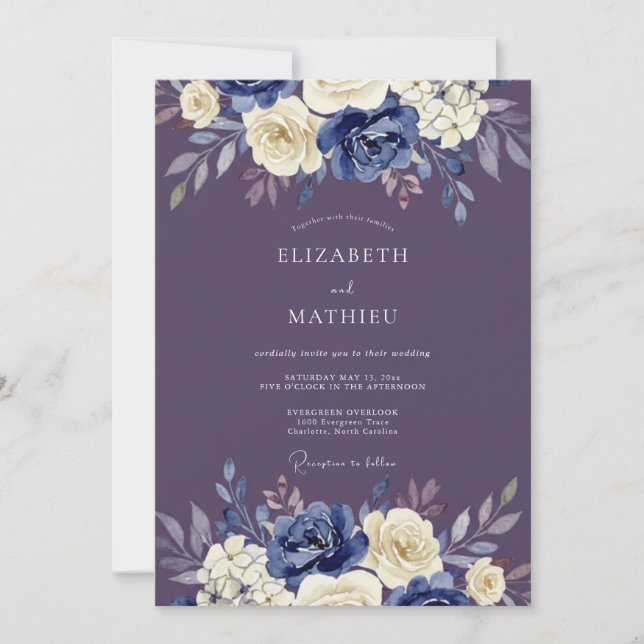 Convites Casamento Artístico Floral Índigo (Frente)