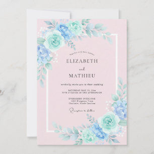 Convites Casamento Artístico Floral Menta Azul