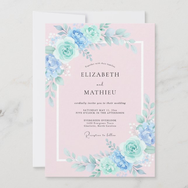 Convites Casamento Artístico Floral Menta Azul (Frente)