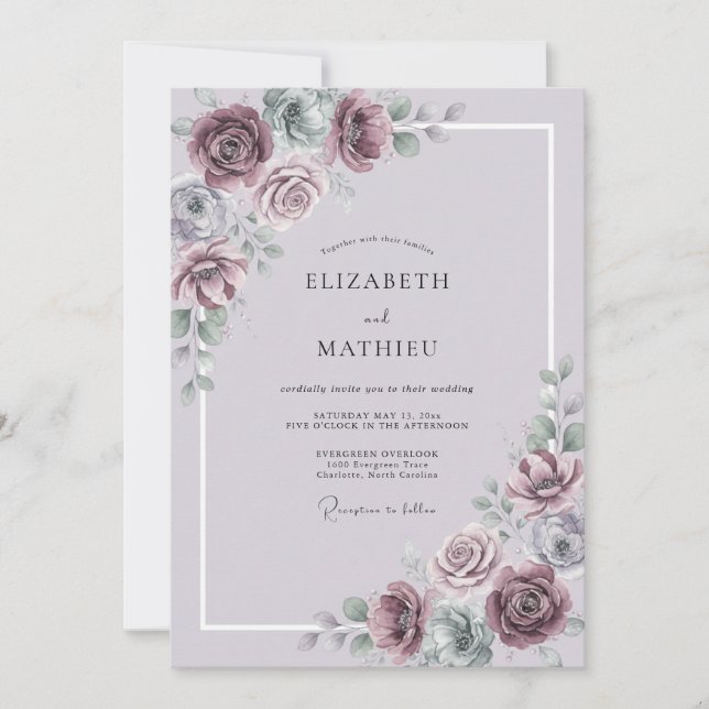 Convites Casamento Artístico Floral Rosa Empoeirado (Frente)