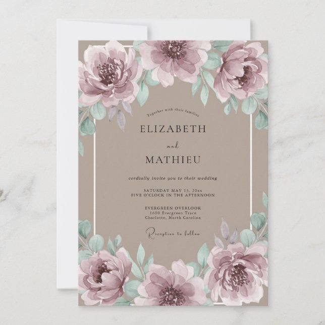 Convites Casamento Artístico Floral Rosa Malva (Frente)