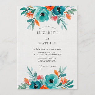 Convites Casamento Artístico Floral Turquesa