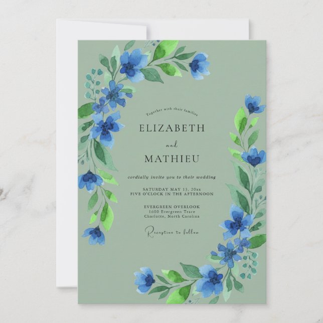 Convites Casamento Artístico Florido Azul (Frente)
