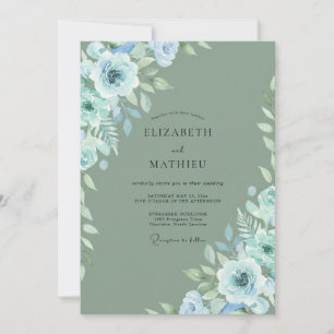 Convites Casamento Artístico Florido Azul Empoeirado