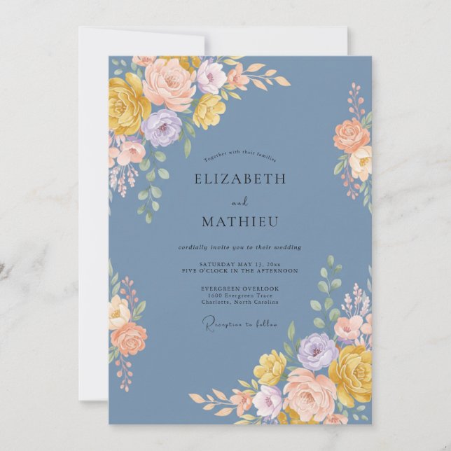 Convites Casamento Artístico Florido Azul Empoeirado (Frente)