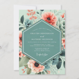 Convites Casamento Artístico Florido Coral Mint