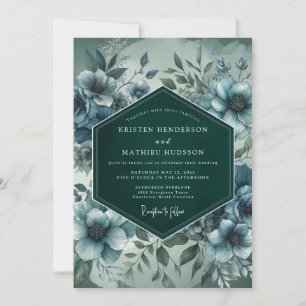 Convites Casamento Artístico Florido em Azul Ardósia