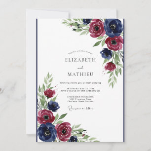 Convites Casamento Artístico Florido em Azul Marinho e Borg