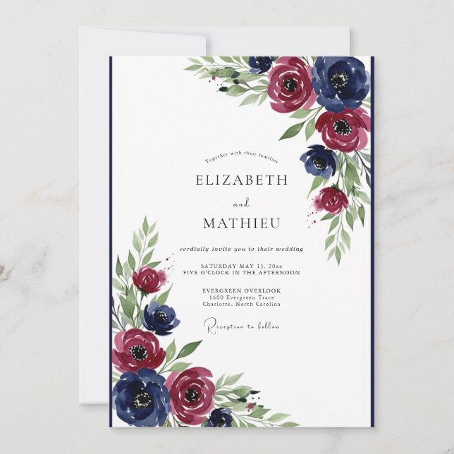 Convites Casamento Artístico Florido em Azul Marinho e Borg (Frente)