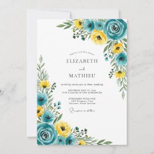 Convites Casamento Artístico Florido em Azul Turquesa e Ama
