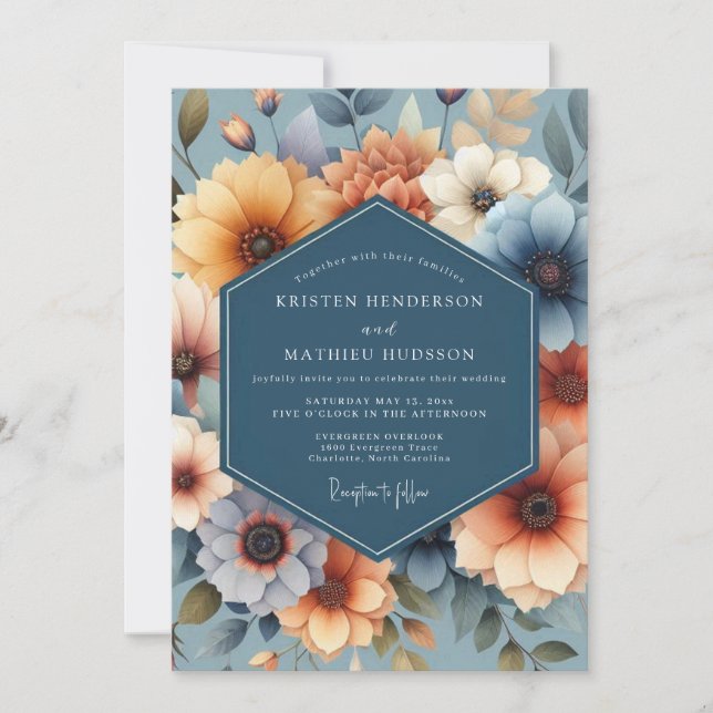 Convites Casamento Artístico Florido Marigold & Blue (Frente)