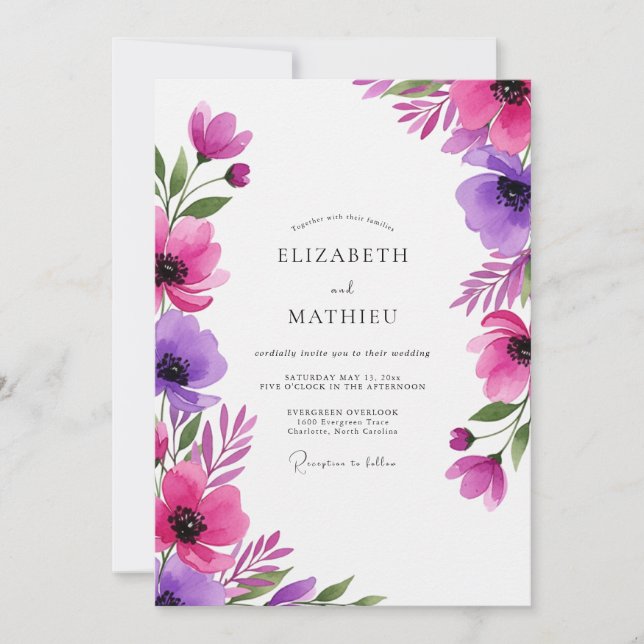 Convites Casamento Artístico Florido Roxo Magenta (Frente)