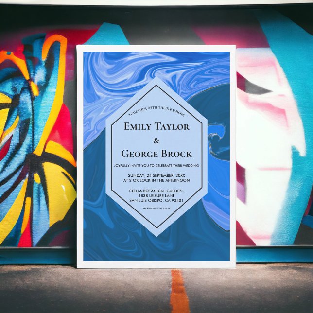 Convites Casamento Artístico Marinho de Ondas Azuis Moderna (Criador carregado)