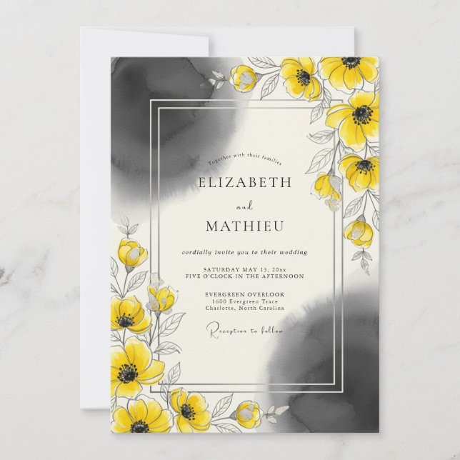 Convites Casamento Artístico Moderno Amarelo (Frente)