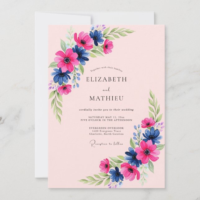 Convites Casamento Artístico Naval Rosa Primavera (Frente)