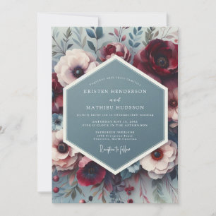 Convites Casamento Artístico Slate & Crimson Bloom