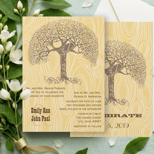 Convites Casamento Árvore Marrom Amor Pássaro Amarelo Grão  (Criador carregado)