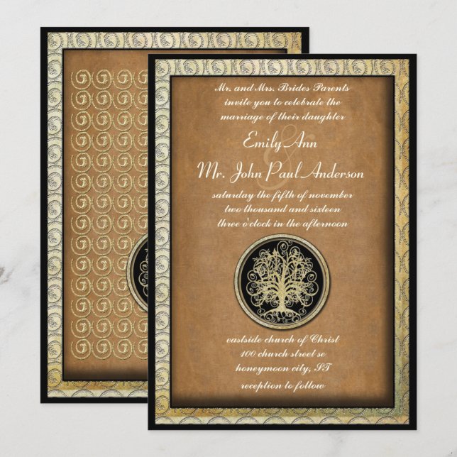 Convites Casamento Árvore Redemoinho Metálico Dourado Borda (Frente/Verso)