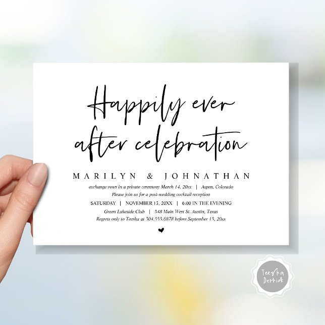 Convites Casamento às Escuras, Celebração Felizes para Semp (Wedding Elopement, Happily Ever after Celebration Invitation Card, Printed, File, in Black and white)