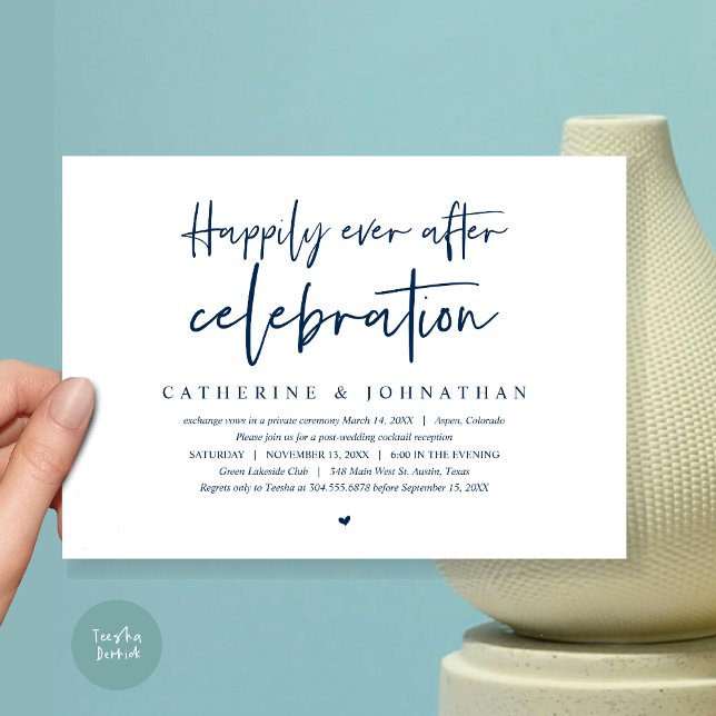 Convites Casamento às Furas, Celebração Feliz para Sempre (Happily Ever After Celebration Dinner or Lunch or brunch Invitation Card, PDF, in Navy Blue)