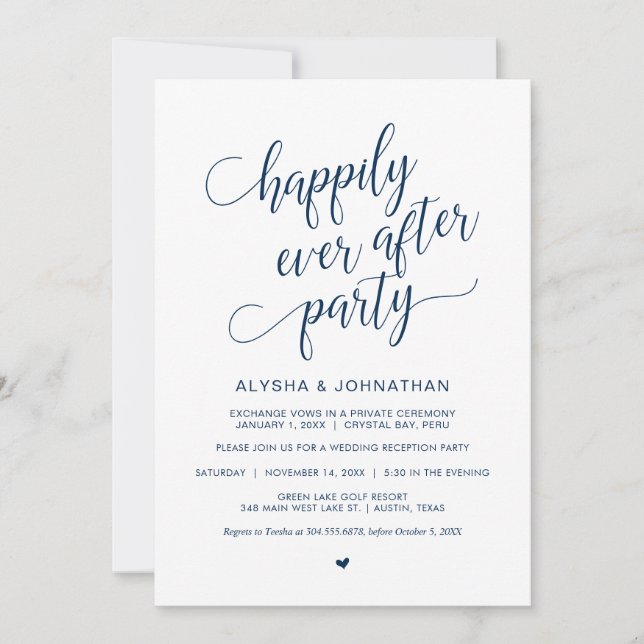 Convites Casamento às Pressas, Simples e Elegante Azul Nava (Frente)