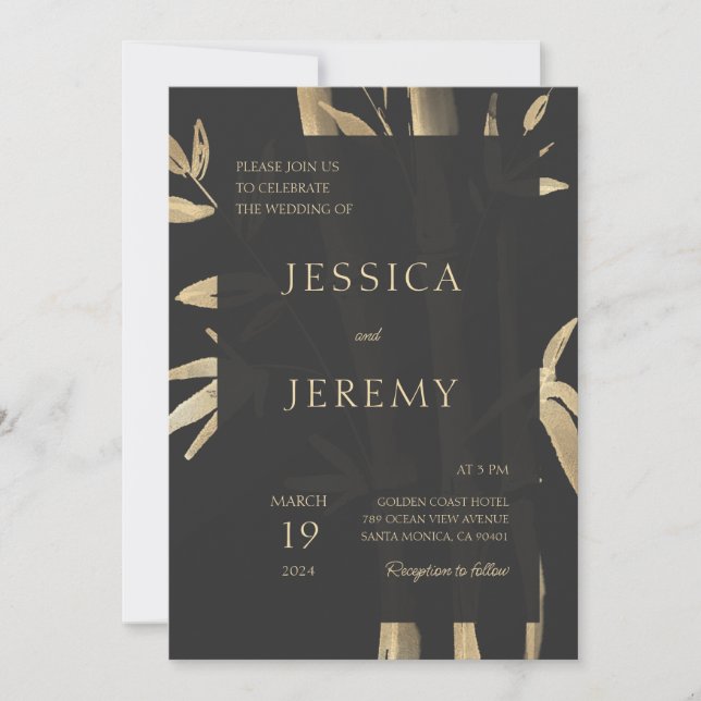 Convites Casamento Asiático Black Minimal Bamboo (Frente)