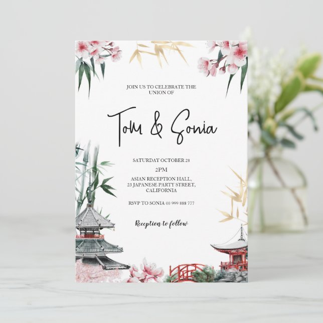 Convites Casamento Asiático de Cerejeira Sakura Japonês (Em pé/Frente)