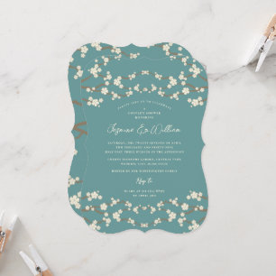 Convites Casamento Asiático Teal de Cream Sakura Cherry Blo
