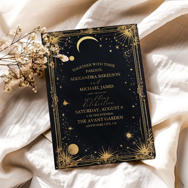Convites Casamento Astronomia Sol Lua Dourado Celestial (Criador carregado)