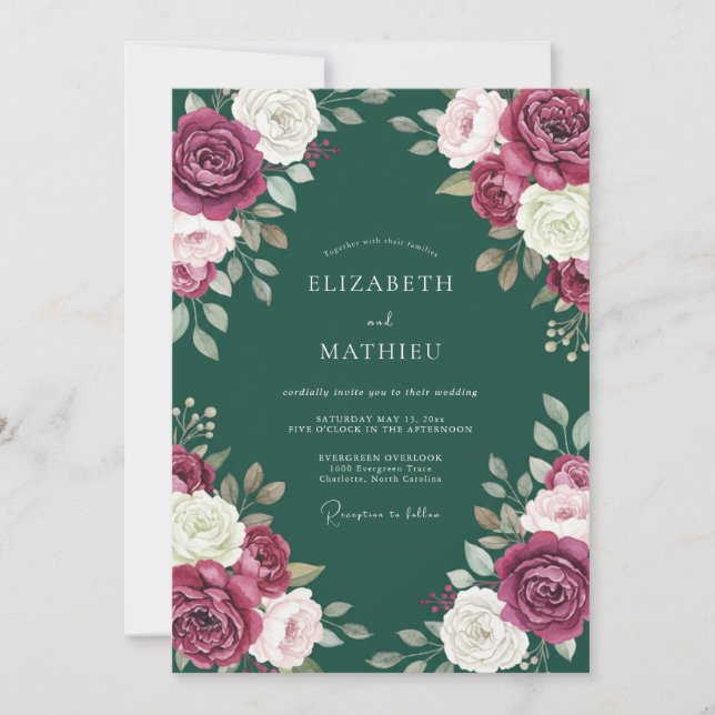Convites Casamento Atemporal em Verde-azulado e Magenta (Frente)