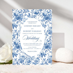 Convites Casamento Atemporal Toile de Jouy Rosas Azul Cláss