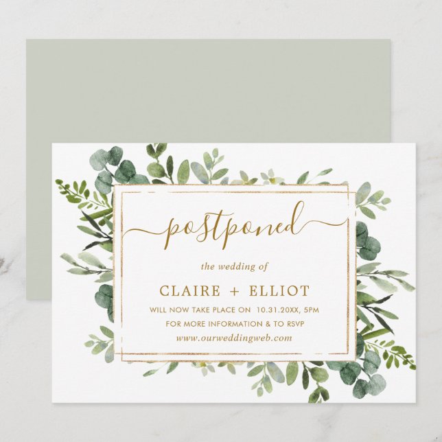 Convites Casamento Atrasado Botânico Dourado e Verde (Frente/Verso)
