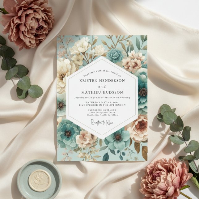 Convites Casamento Aura Floral Turquesa (Criador carregado)