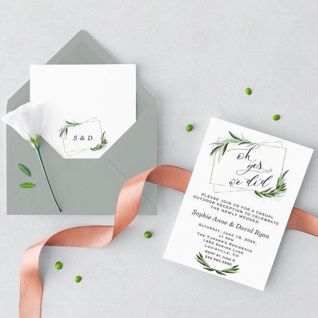 Convites Casamento Azeitona Dourada Elegante Oh Sim Fizemos (Oh yes, we did invitation, after wedding party greenery wedding invitation)
