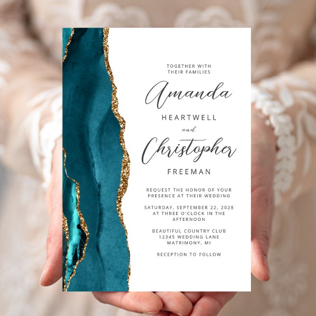 Convites Casamento Azul Ágata Dourado Script (Criador carregado)