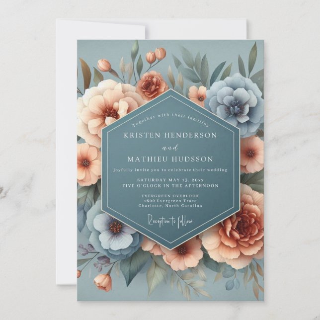 Convites Casamento Azul Ardósia e Flor de Damasco (Frente)