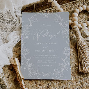 Convites Casamento Azul Arte Linear Rococó Vitoriano Vintag