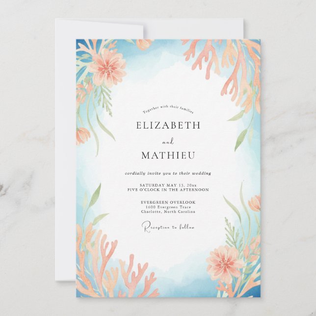Convites Casamento Azul Azulado Aquático Eucalipto (Frente)