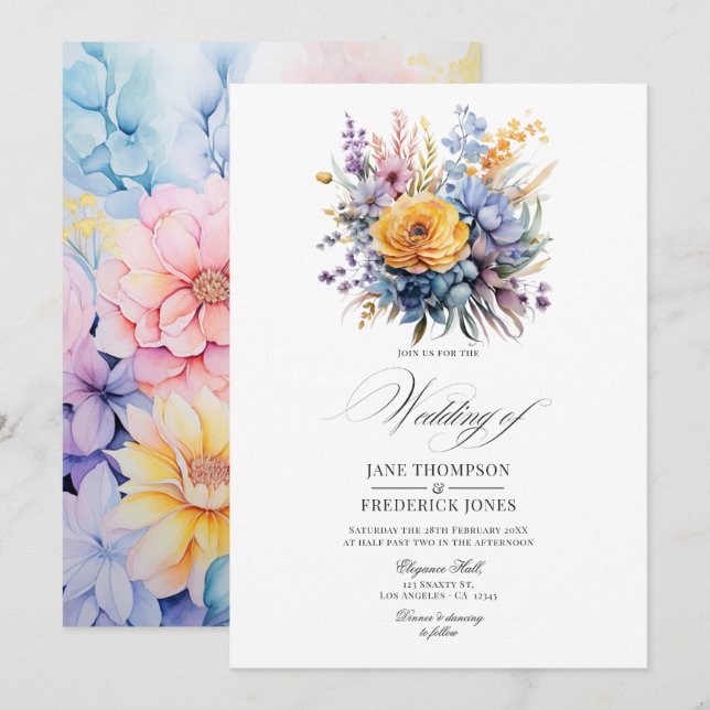 Convites Casamento Azul Bebê, Amarelo Creme e Rosa Pastel (Frente/Verso)