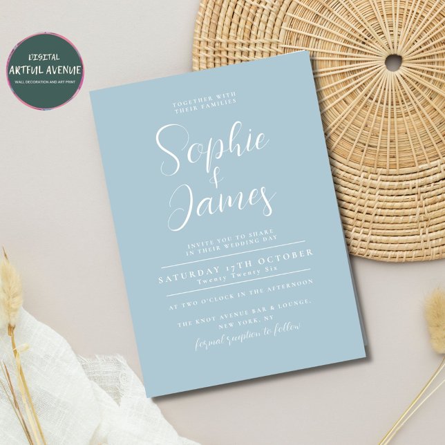 Convites Casamento Azul-Bebê Minimalista Moderno (Minimal wedding invitation - baby blue)
