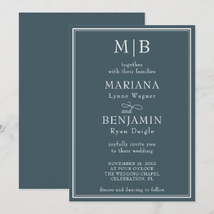 Convites Casamento Azul Boho Minimalista Moderno com Borda