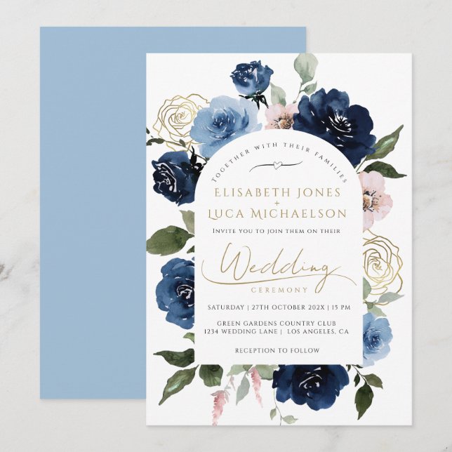 Convites Casamento Azul Botânico com Blush de Marinho Doura (Frente/Verso)