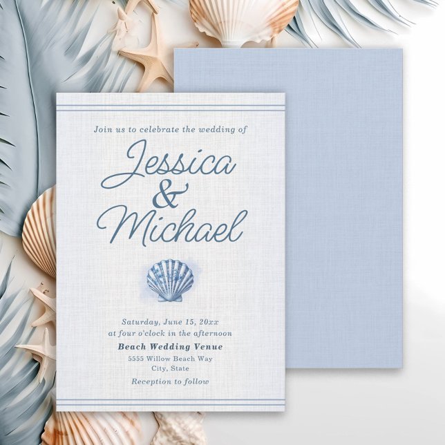 Convites Casamento Azul Branco Concha Náutica Praia (Blue and white seashell beach wedding invitation)