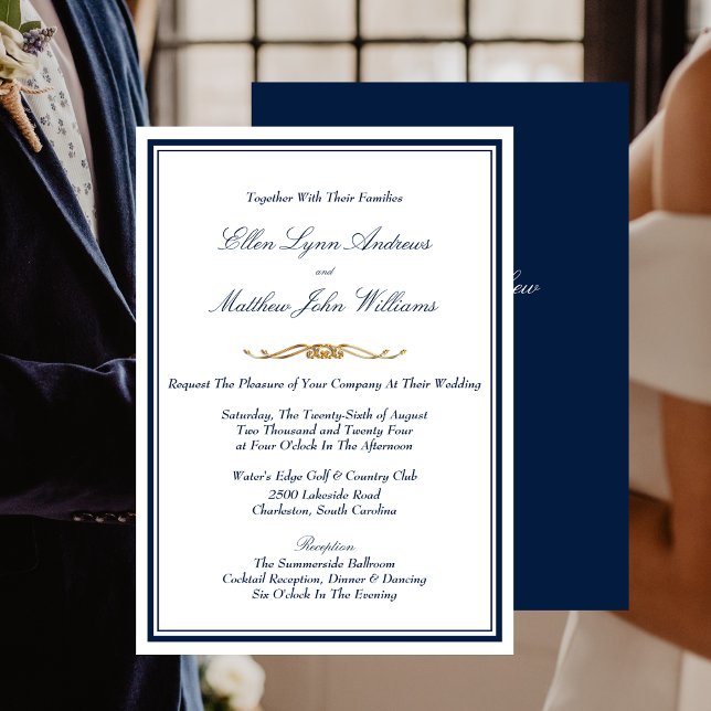 Convites Casamento azul, branco e Dourado do Marinho Elegan (Elegant Navy Blue, White and Gold Wedding Invitation)