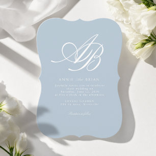 Convites Casamento Azul Branco Monograma Elegante