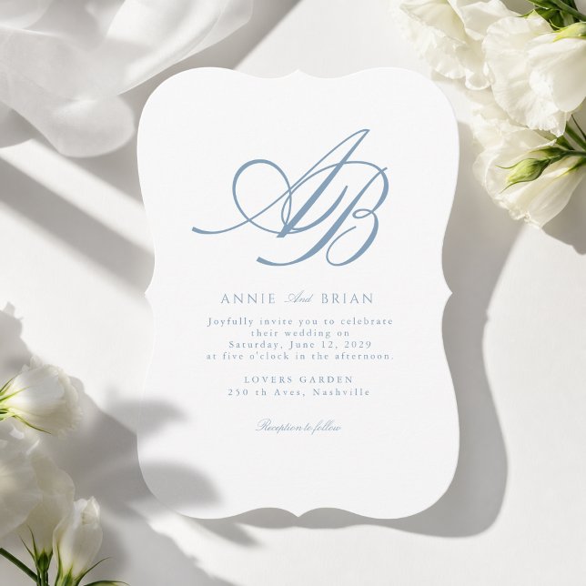 Convites Casamento Azul Branco Monograma Elegante (Elegant Monogram Blue White Wedding Invitation)