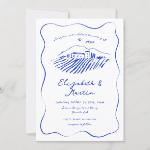 Convites Casamento Azul Caprichoso com Videira e Bordas Ond