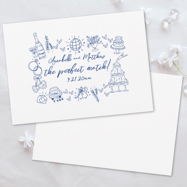 Convites Casamento Azul Caprichoso Correspondência Perfeita (Hand Drawn Perfect Match Blue Whimsical Wedding Invitation)