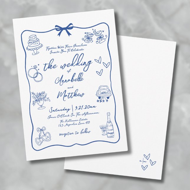 Convites Casamento Azul Caprichoso Desenhado à Mão (Hand Drawn Whimsical Blue Wedding Invitation)